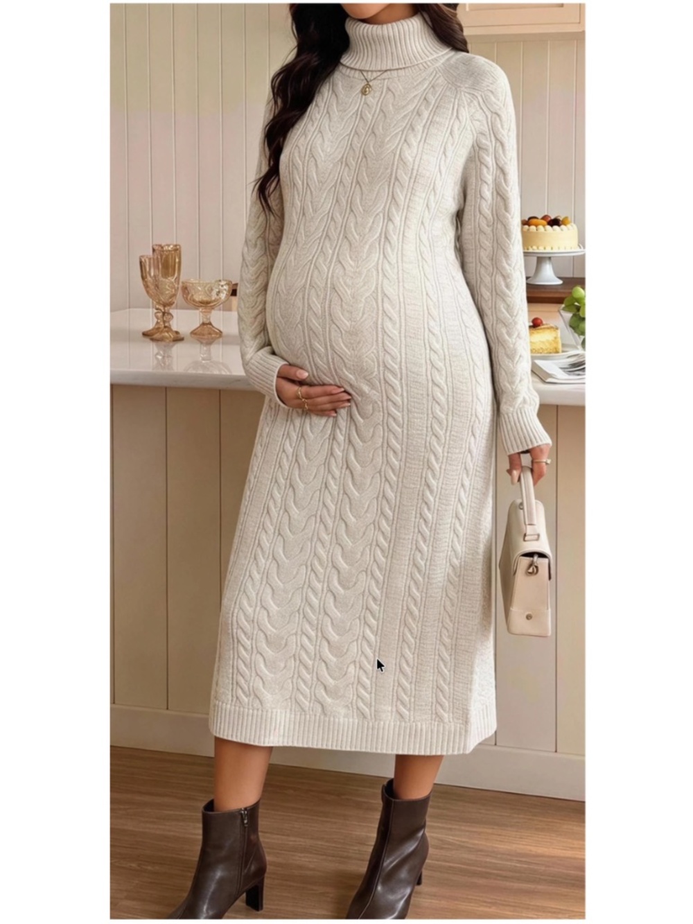 Maternity Solid Chunky Cable Knit Turtleneck Sweater Dress